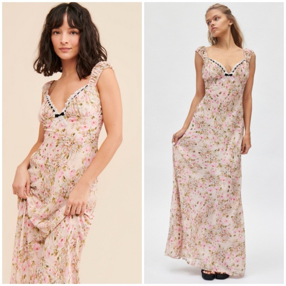 For Love & Lemons Emmaline Floral Lace Trim Maxi Dress SZ S